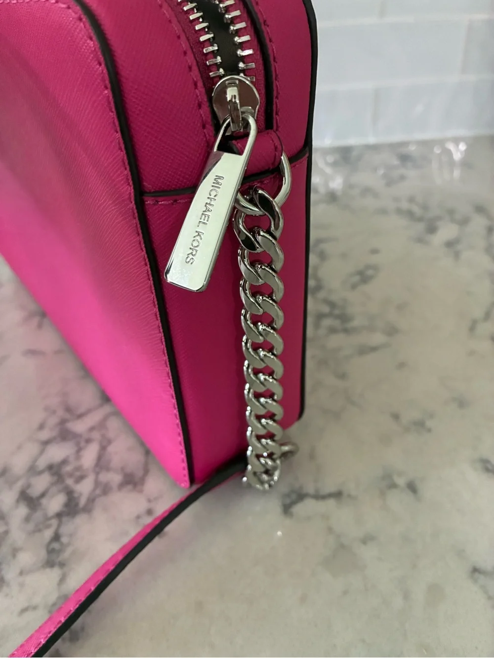 Michael Kors Pink dragonfruit Saffiano Leather Crossbody Bag Purse Jet Set